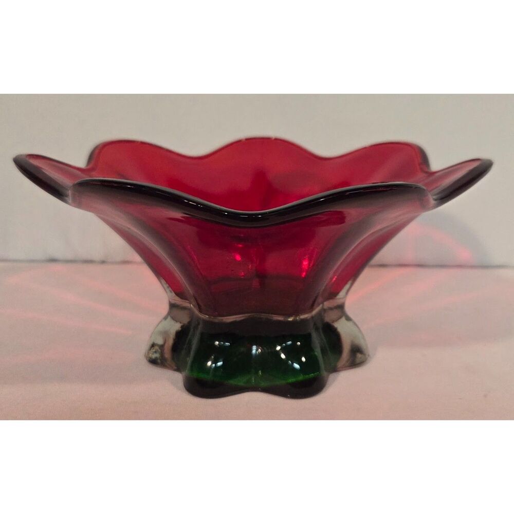Teleflora Red Glass Flower Bowl Scalloped Art Glass Candy Dish